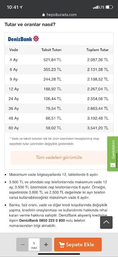 Hepsiburada online alışveriş kredisi vadeye göre ödeme miktarı 